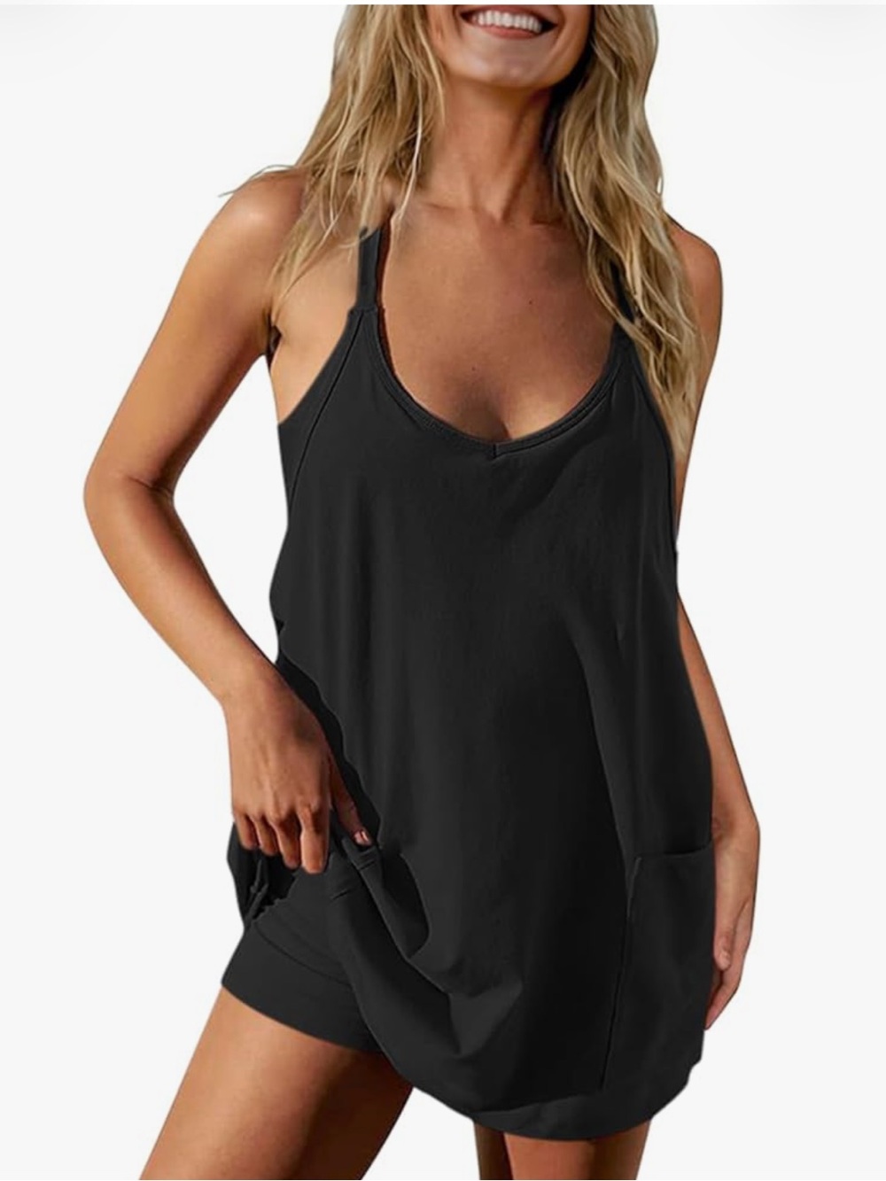 Black Sleeveless Mini Dress with Pockets - Women's Casual Tank Style